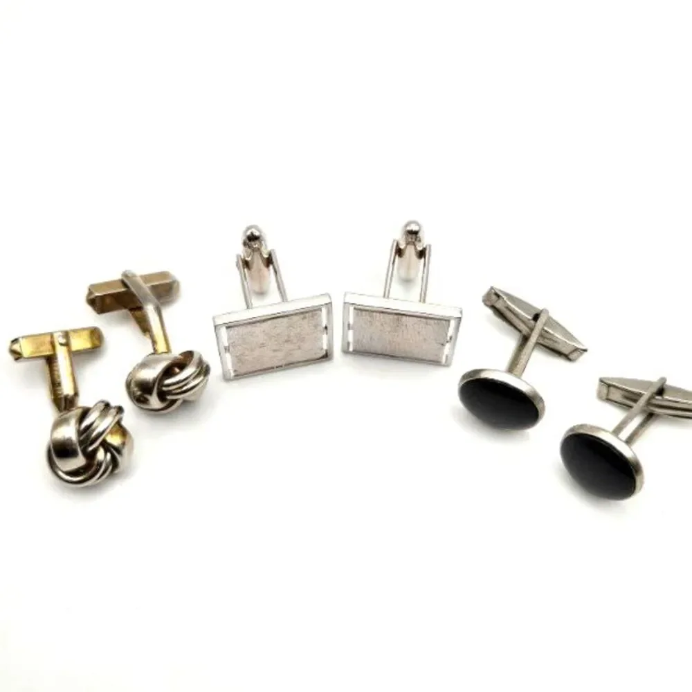 Lot of 3 Pair of Vintage Men's Cuff Links Silvertone Knot Brushed Geometric Onyx